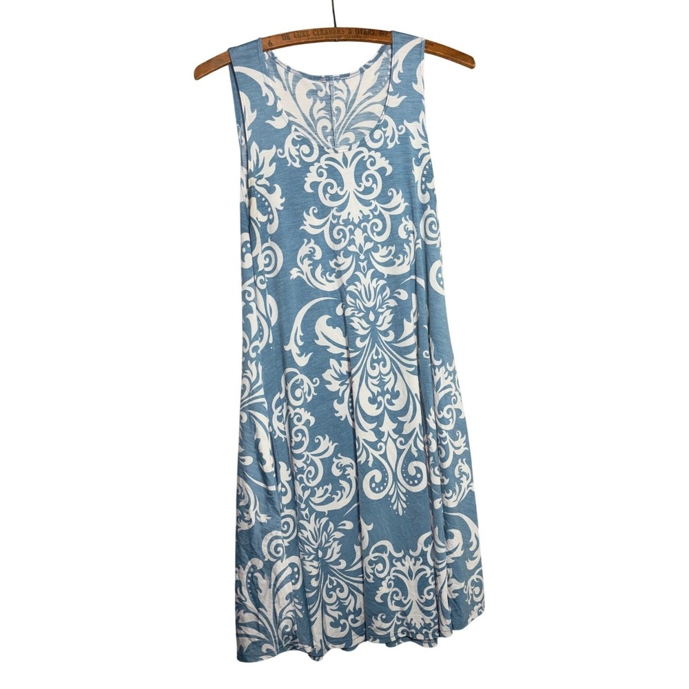 Coastal Damask Scroll Print Sleeveless Swing Dress with Pockets S Beach Festival